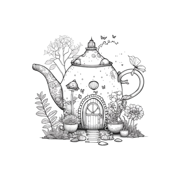 Premium vector a fairy teapot house steam rising from the spout tea cups black and white outline drawing