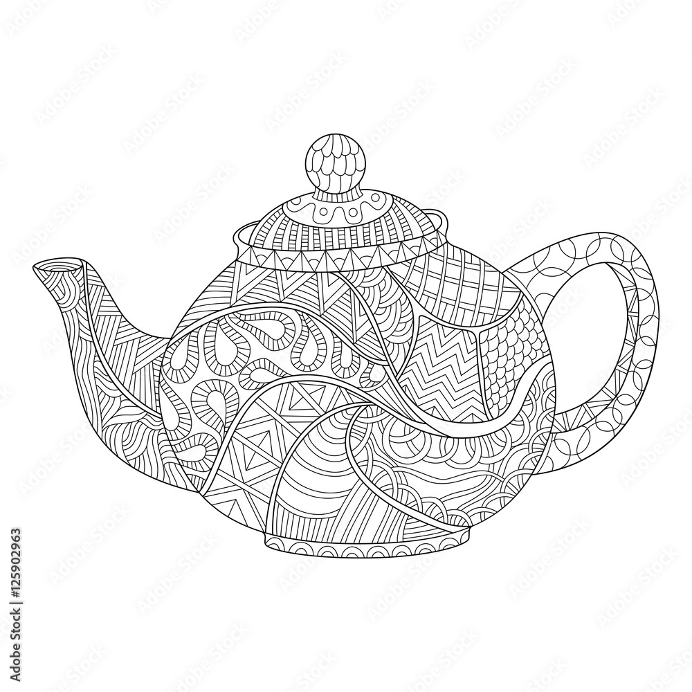 Teapot adult coloring page in zentangle style vector
