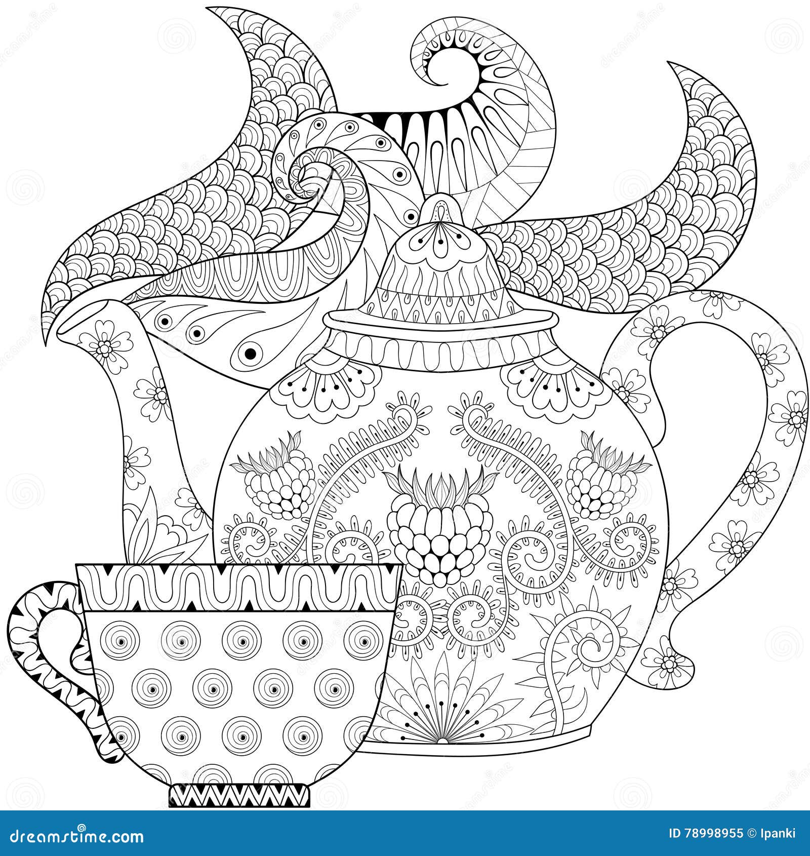Zentangle stylized ornamental teapot with steam and cup of tea stock vector
