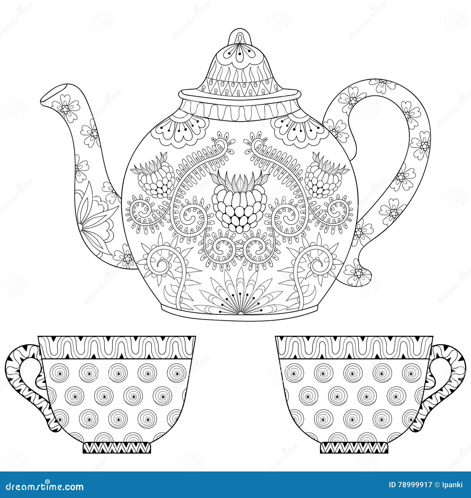 Zentangle stylized ornamental teapot with cups of tea hot beverage with artistically doodle elements ethnic hand drawn vector i stock illustration