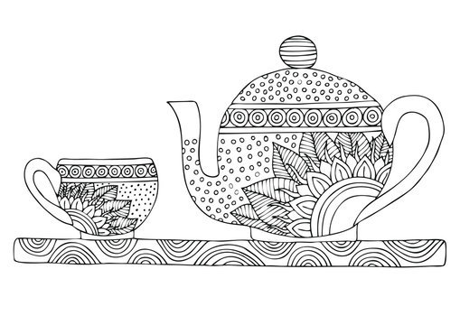 Teapot and cup set hand drawn picture sketch for anti