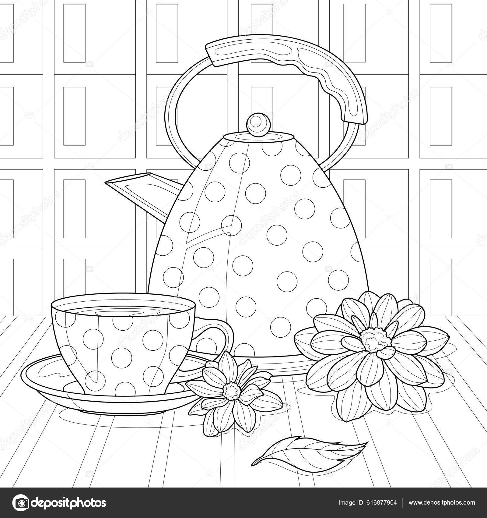 Teapot cup flowers coloring book antistress children adults illustration isolated stock vector by vlasenkoekaterinkagmail