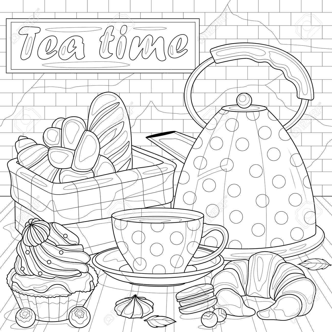 Teapot cup and pastries kitchencoloring book antistress for children and adults royalty free svg cliparts vectors and stock illustration image