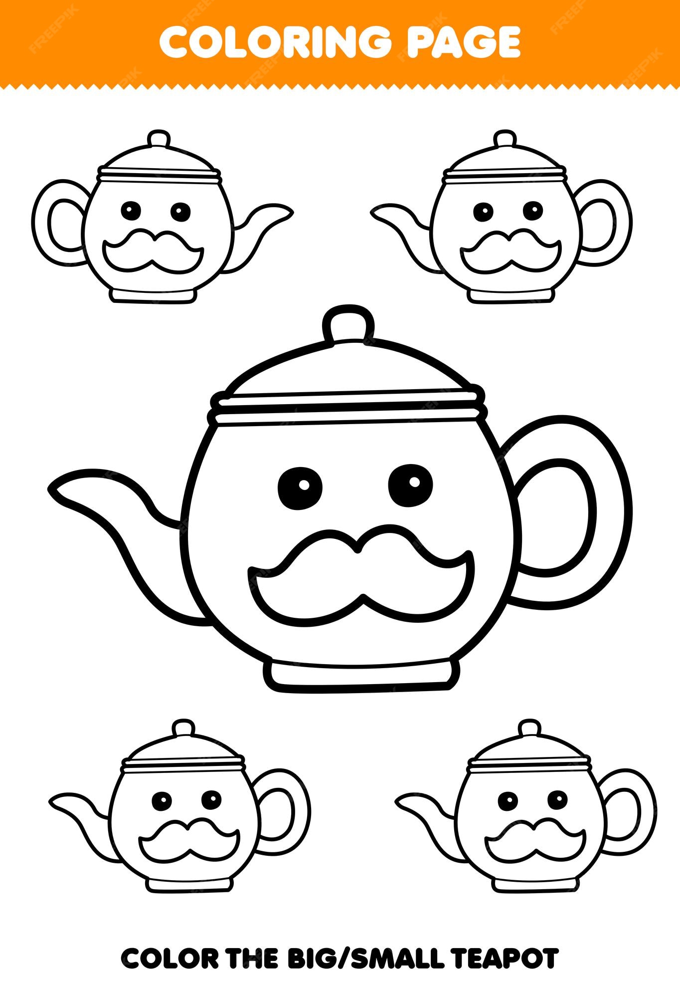 Premium vector education game for children coloring page big or small picture of cute cartoon teapot line art printable tool worksheet
