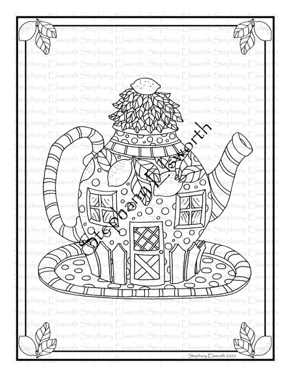 Lemon teapot fairy house x printable coloring page