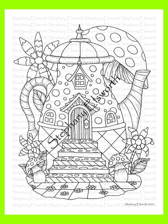 Wonderland teapot fairy house printable coloring page