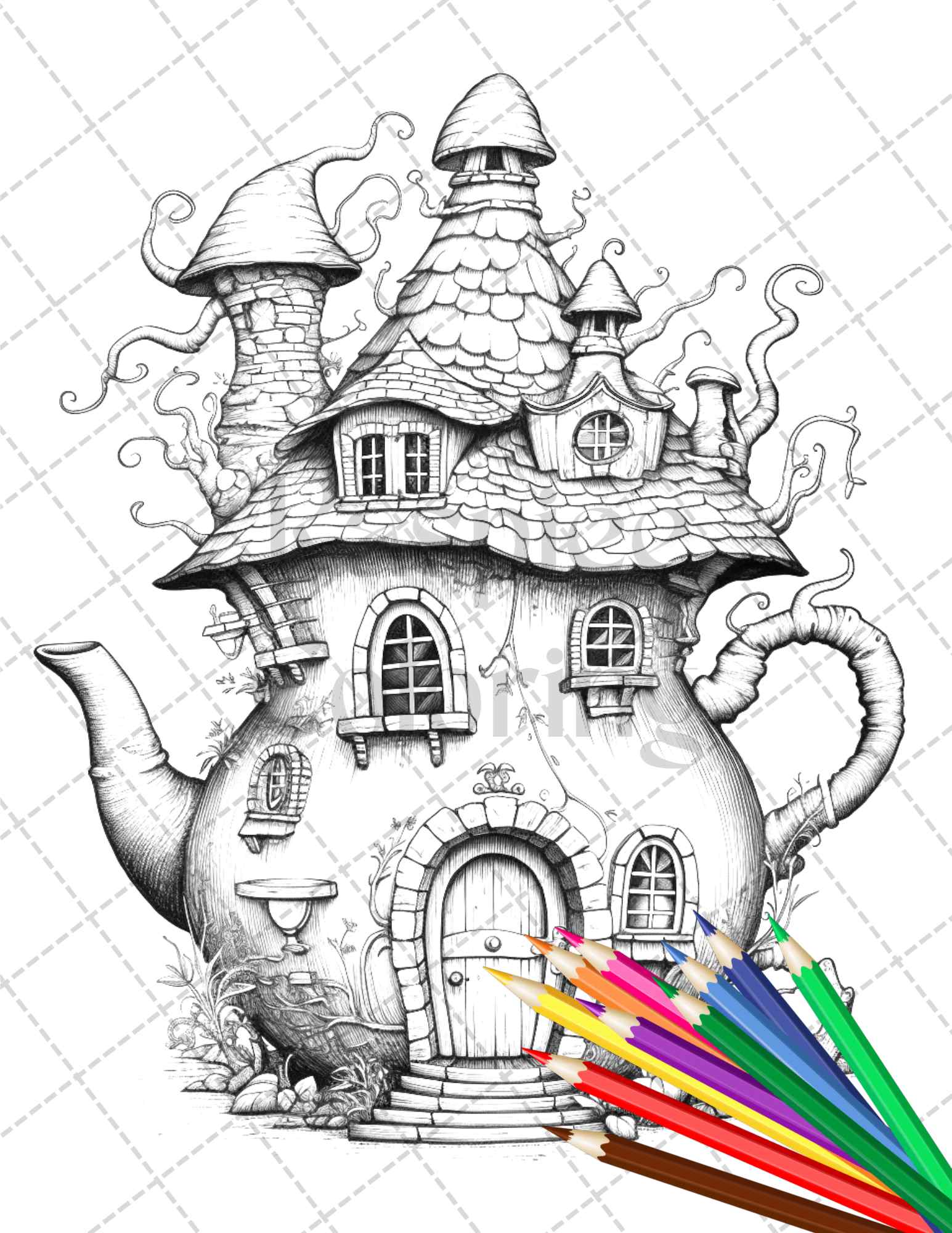 Teapot fairy houses grayscale coloring pages printable for adults â coloring