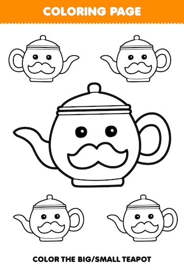 Premium vector education game for children coloring page big or small picture of cute cartoon teapot line art printable tool worksheet