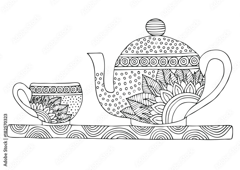 Teapot and cup set hand drawn picture sketch for anti