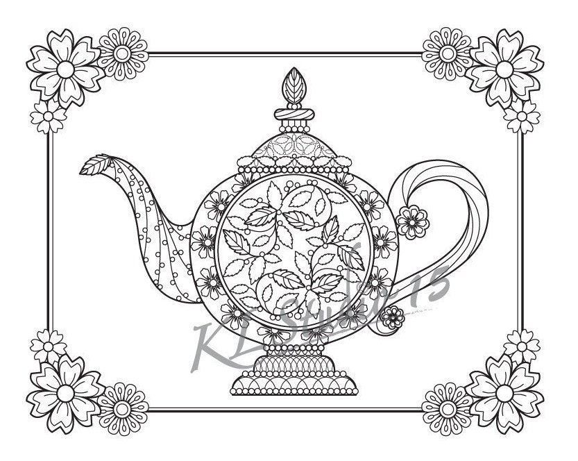Teapot coloring page instant download relax teapot designs