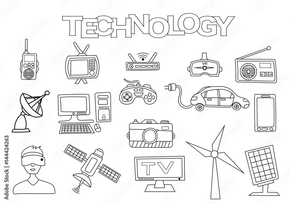 Technology elements hand drawn set coloring book template outline doodle elements vector illustration kids game page vector