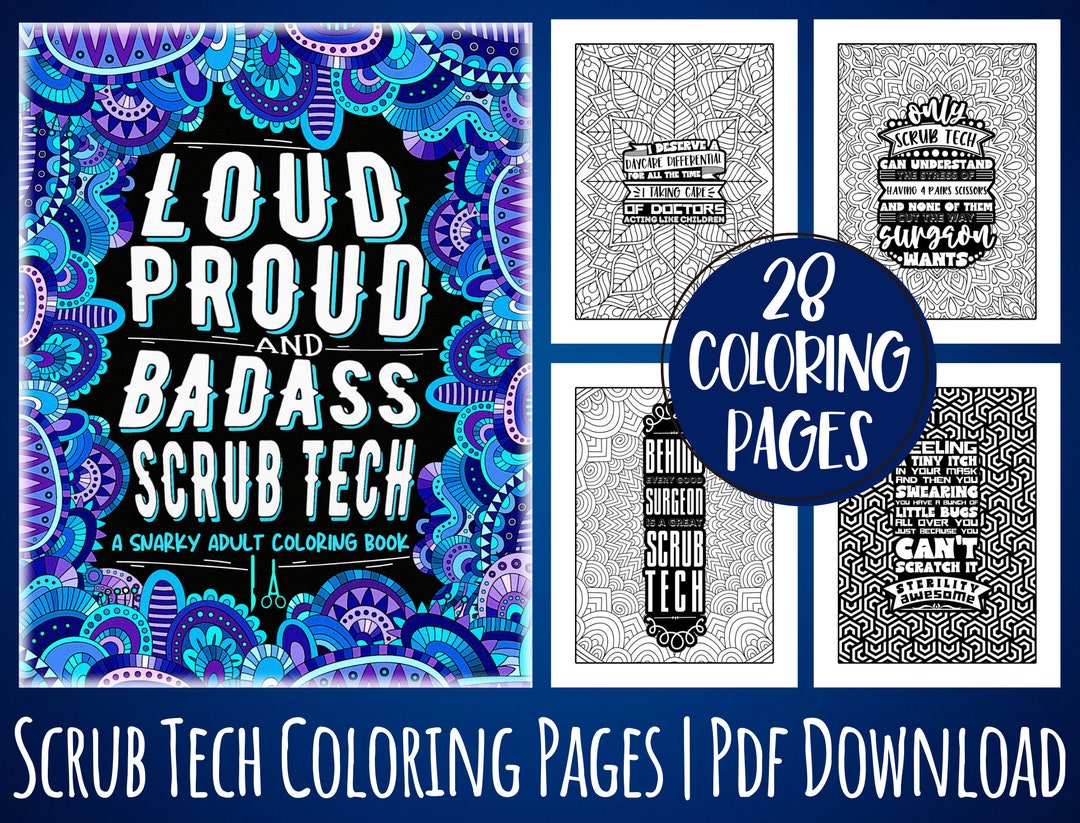 Scrub tech coloring book pages for adults funny snarky surgical technologist week appreciation printable gift idea for women men