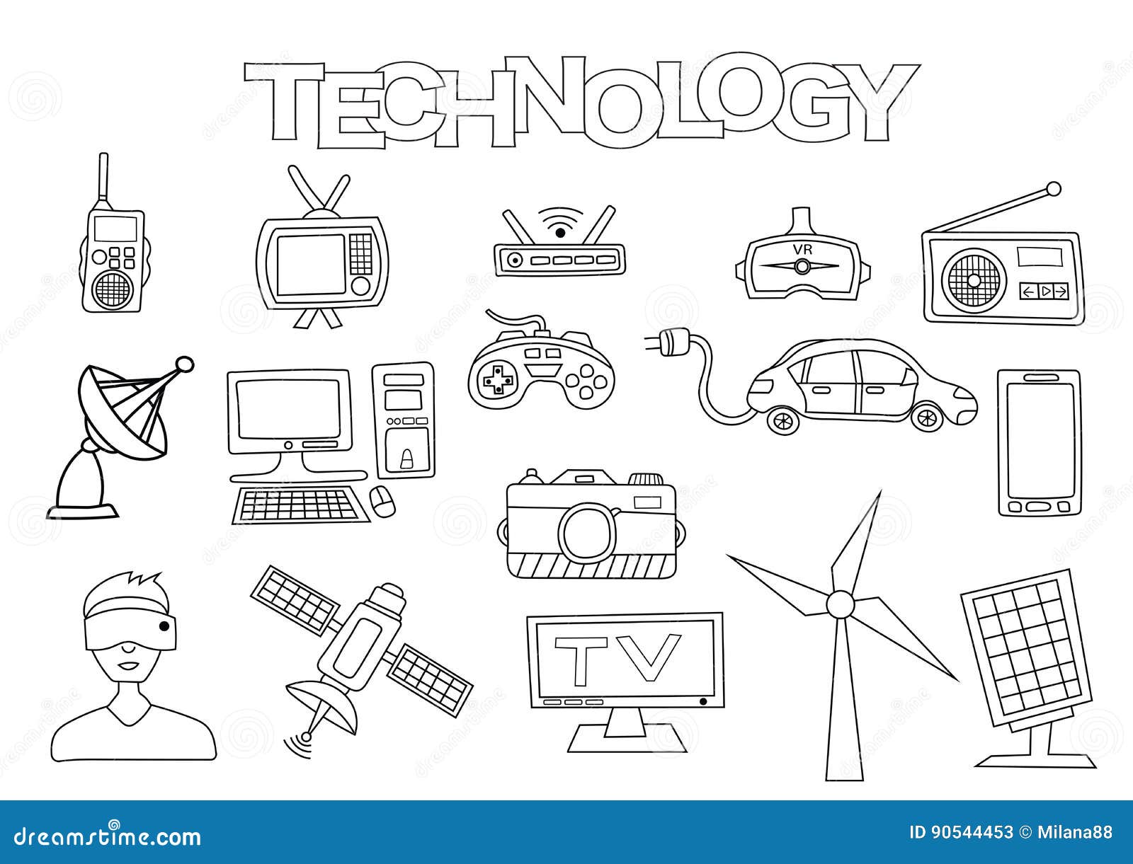 Technology elements hand drawn set coloring book template stock vector