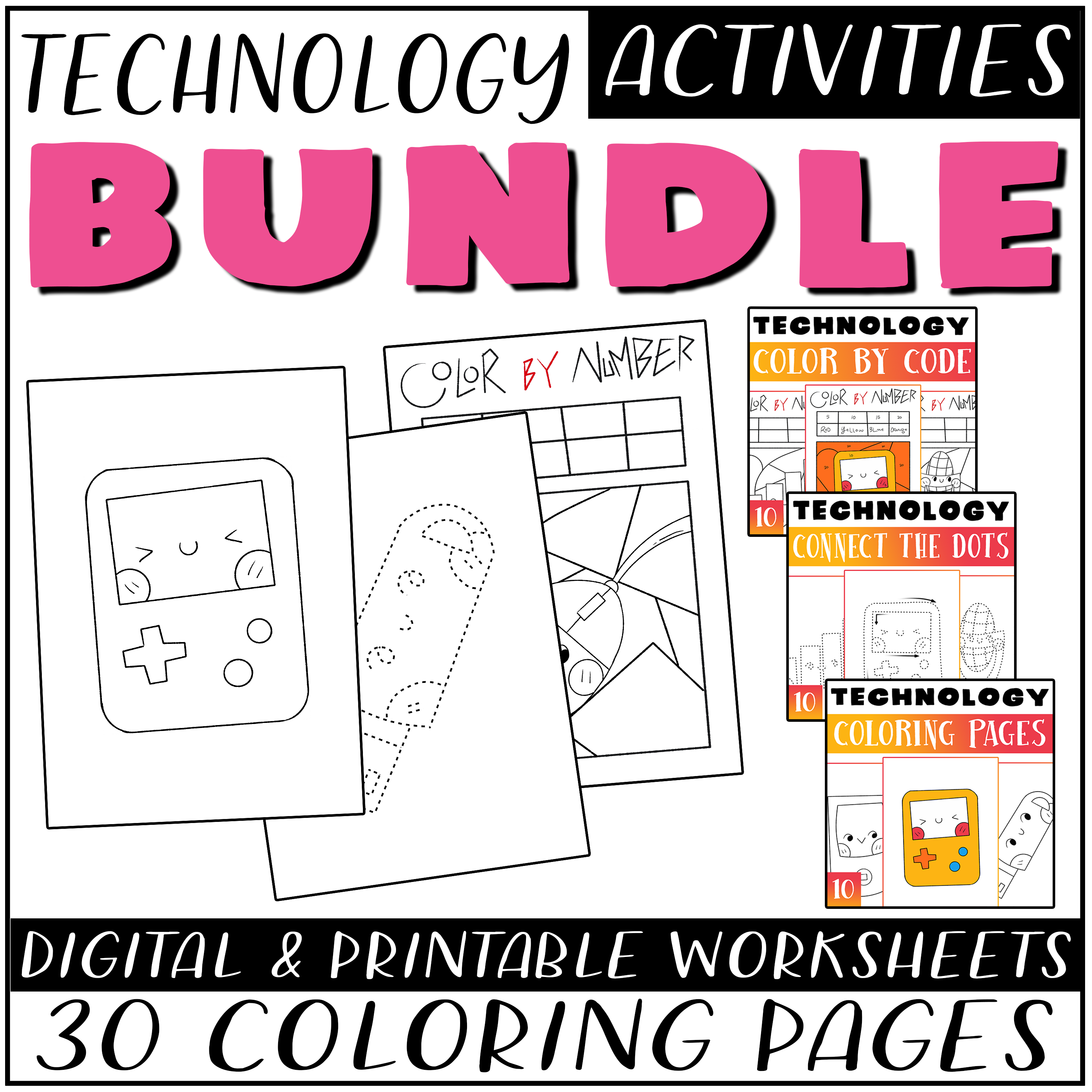 Technology activity bundle tech coloring pages color by number dot to dot made by teachers