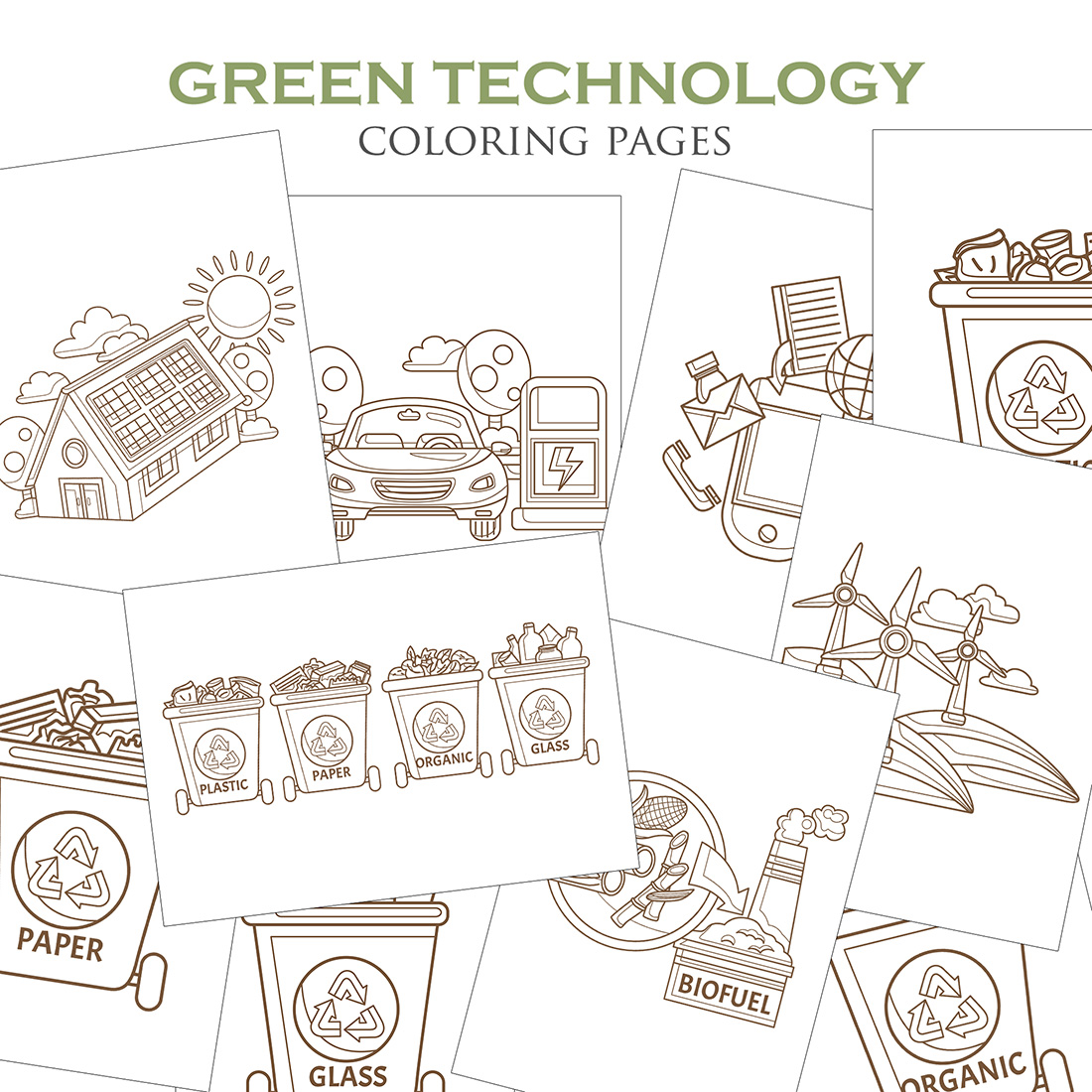 Go green technology eco friendly environmental energy consumption electric car reusable reduce recycle solar panel house smartphone used wind turbine cartoon digital stamp outline