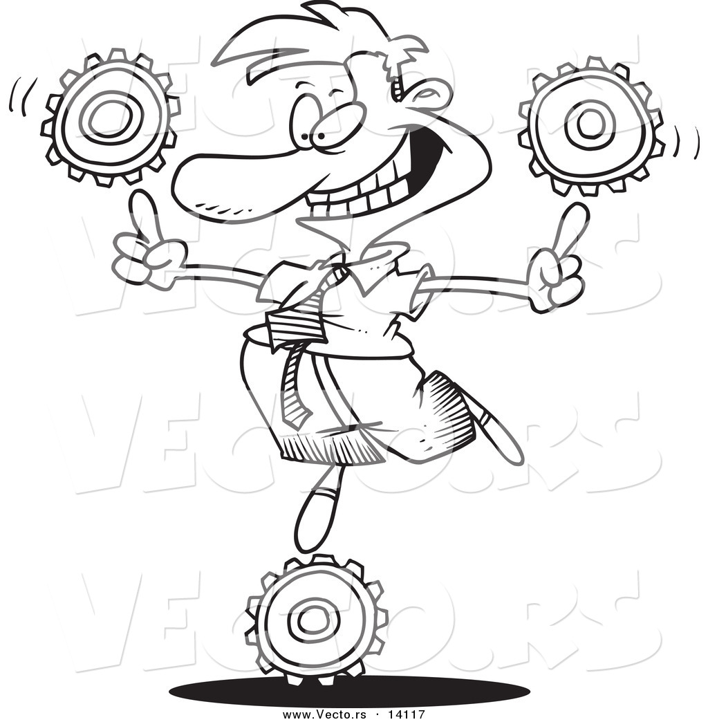 R of a cartoon businessman balancing technology gea