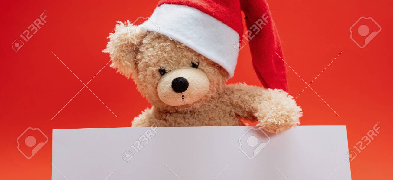 Christmas card template teddy bear with santa hat holding a blank paper card red color background copy space stock photo picture and royalty free image image
