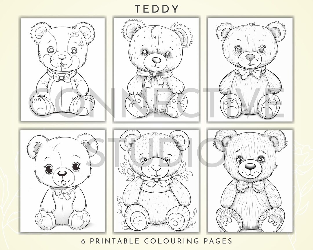 Teddy bear coloring pages six pack of premium art printable adult colouring page book instant download grayscale illustration pdf