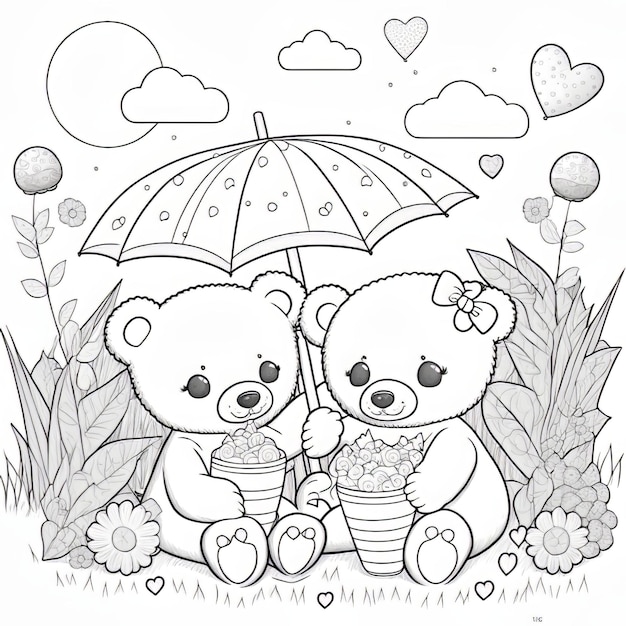 Premium photo coloring page two cartoon teddy bears in love