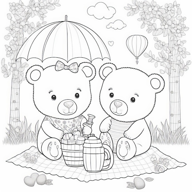 Premium photo coloring page two cartoon teddy bears in love