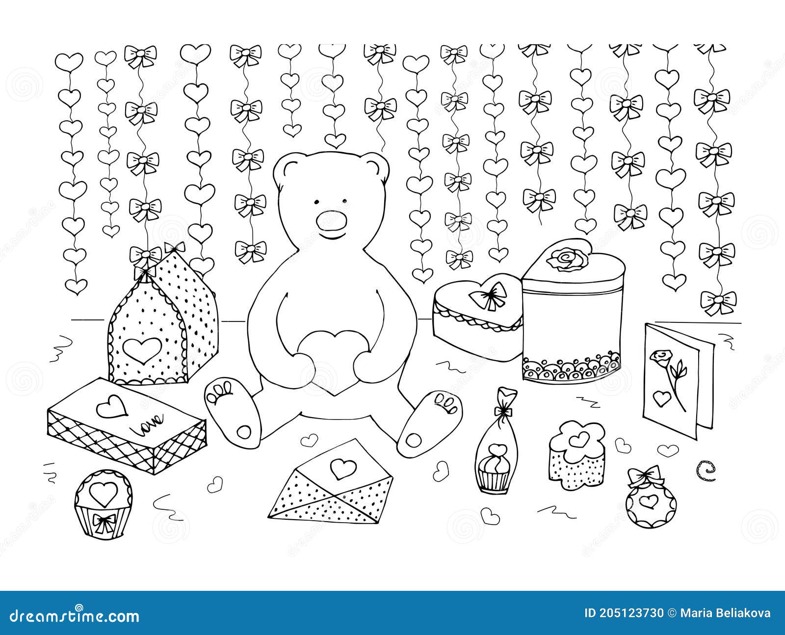 Coloring book with gift boxes and a teddy bear stock vector