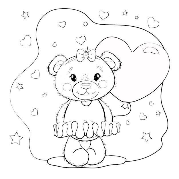 Premium vector cute teddy bear girl in a dress with a balloon coloring book for valentines day or birthday