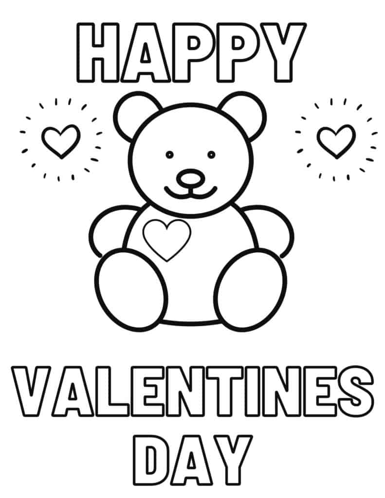 Teddy bear in happy valentines day coloring page