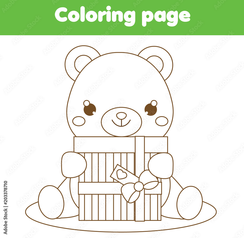 Coloring page with cute teddy bear holding gift box drawing kids activity printable worksheet for toddlers vector