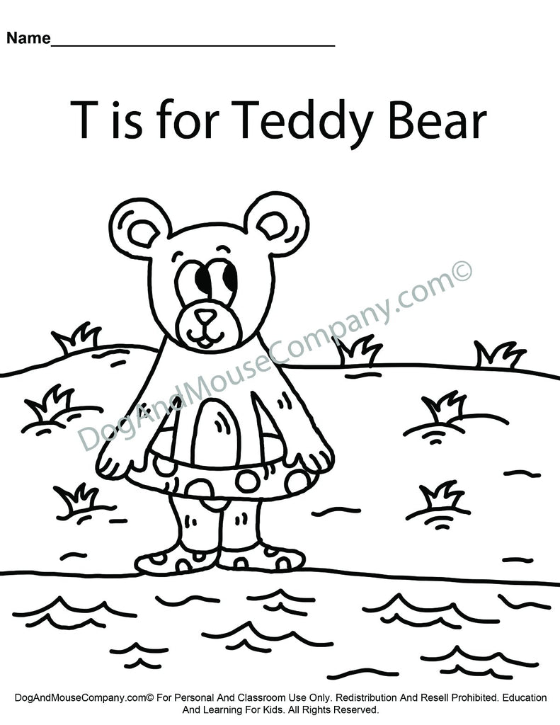 T is for teddy bear coloring page learn your abcs worksheet print â dog and mouse pany