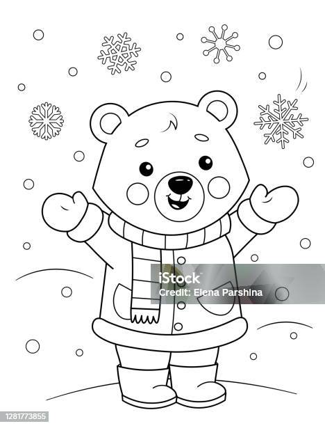 Coloring page of a cute cartoon teddy bear in winter clothes enjoying the snow coloring book for kids stock illustration