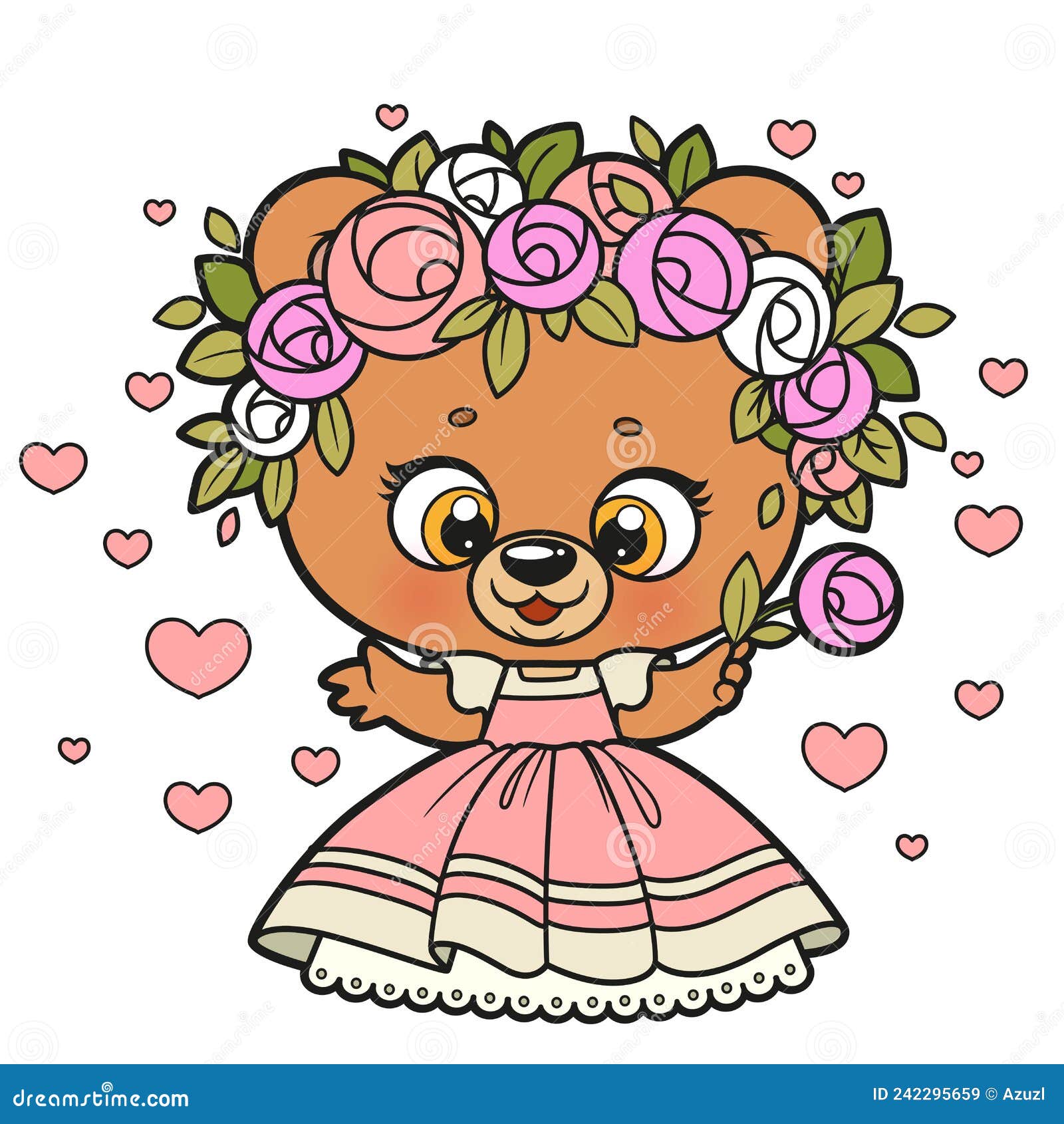 Cute cartoon teddy bear in princess dress and wreath of roses color variation for coloring page on a white stock vector