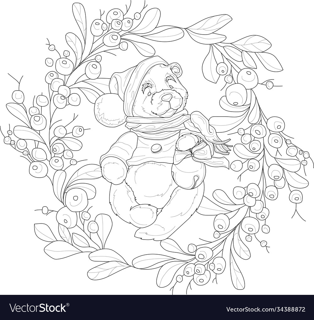 Cartoon christmas berry wreath with teddy bear vector image