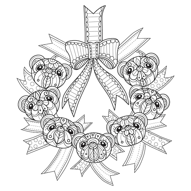 Premium vector wreath teddy bear hand drawn for adult coloring book