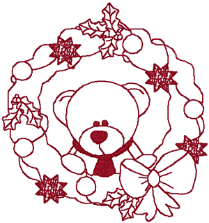 Redwork little teddy wreath embroidery design