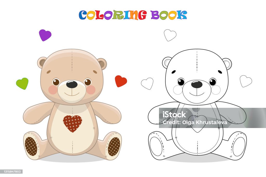 Cartoon teddy bear with hearts coloring page and colorful clipart cute design for t shirt print icon logo label patch or sticker vector illustration stock illustration