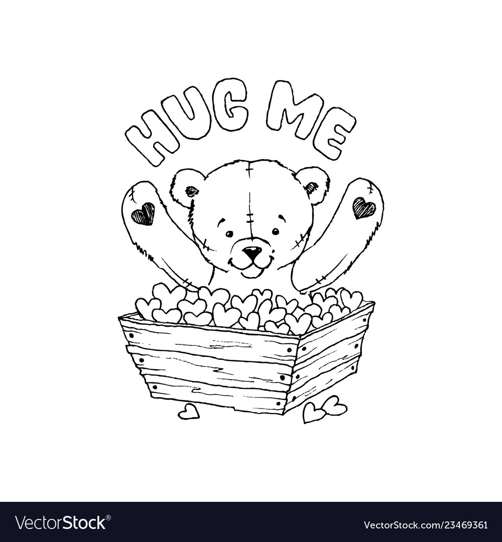 Teddy bear toy with hearts coloring book vector image