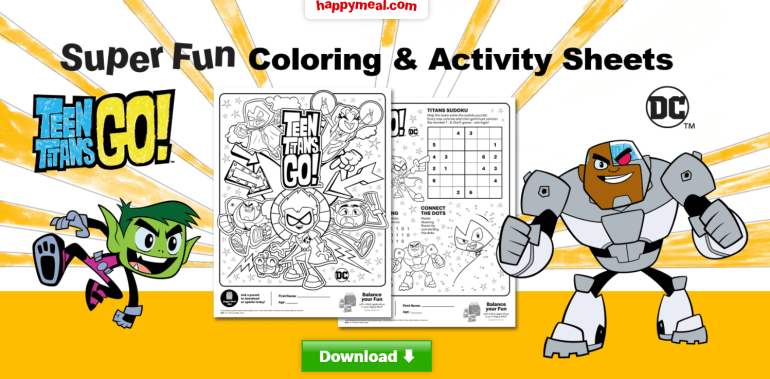 New teen titan go toys in a mcdonalds happy meal and a free printable activity â
