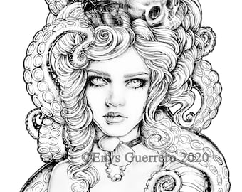 Kraken coloring page goth fantasy printable download jpg by enys guerrero download now
