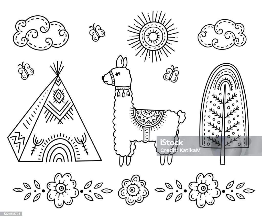 Funny cartoon childrens coloring book a lama near an indian teepee house a tree among flowers and butterflies under the sun and clouds kids drawing in the scandinavian style folk art stock