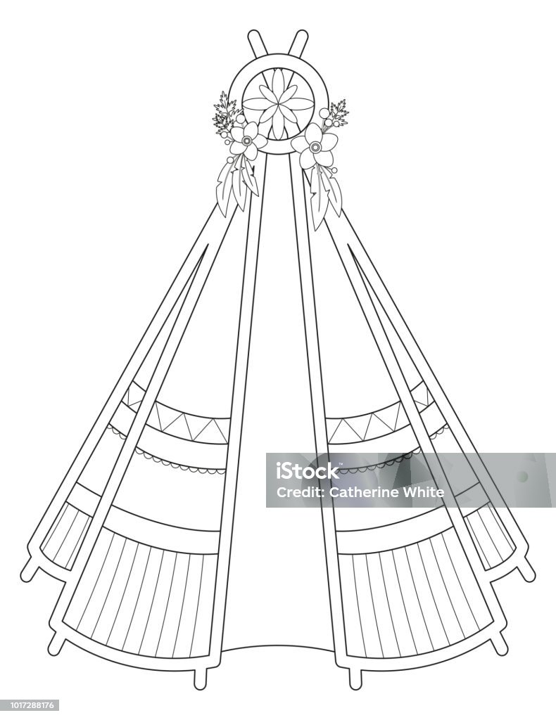 Black line art of vector illustration of teepee isolated on white background useful for coloring pages and books stock illustration