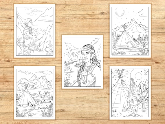 Native americans coloring pages scene landscape people teepee printable pages for adults pdf jpeg png digital download