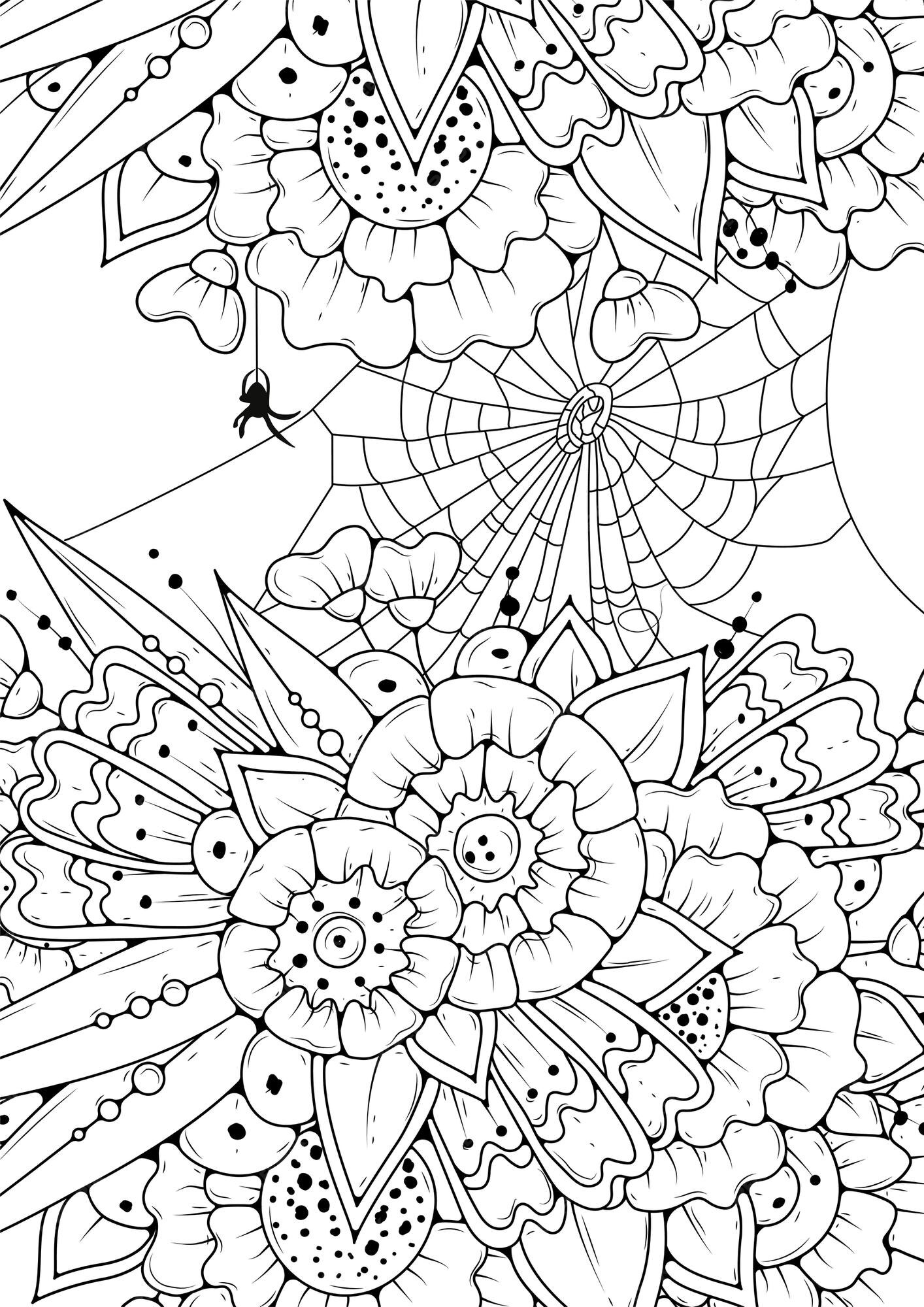 Pãgina para colorear para niãos y adultos flor blancas y negras telaraãa y araãa ilustraciãn para colorear vector premium