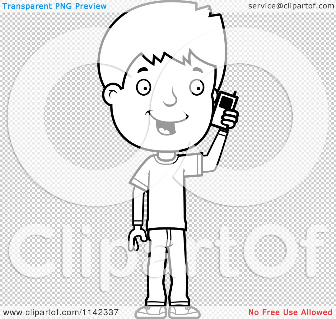 Cartoon clipart of a black and white adolescent teenage boy talking on a cell phone