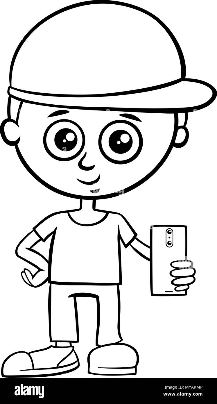 Black and white cartoon illustration of kid boy character with smart phone device coloring book stock vector image art