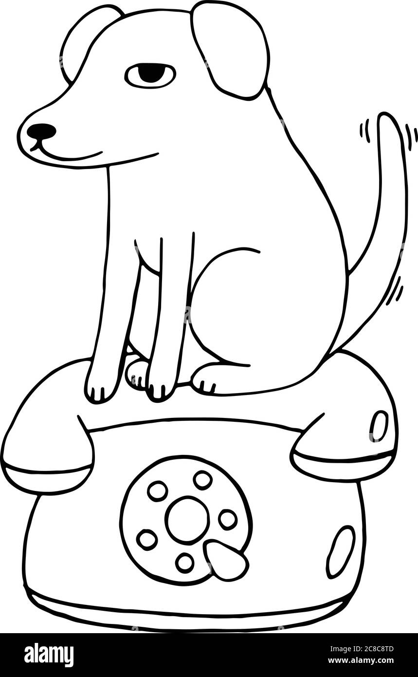 Dog sits on the telephonecoloring page for adults anf children doodle cartoon drawing vector illustration stock vector image art