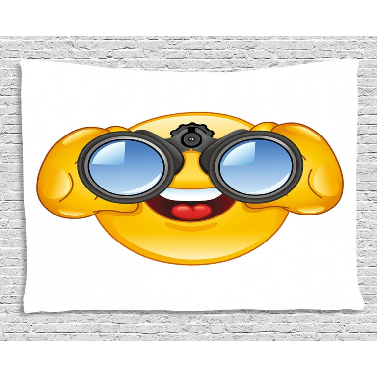 Emoji tapestry smiley face with a telescope binoculars glasses watching outside cartoon print wall hanging for bedroom living room dorm decor w x l inches yellow and blue by ambesonne