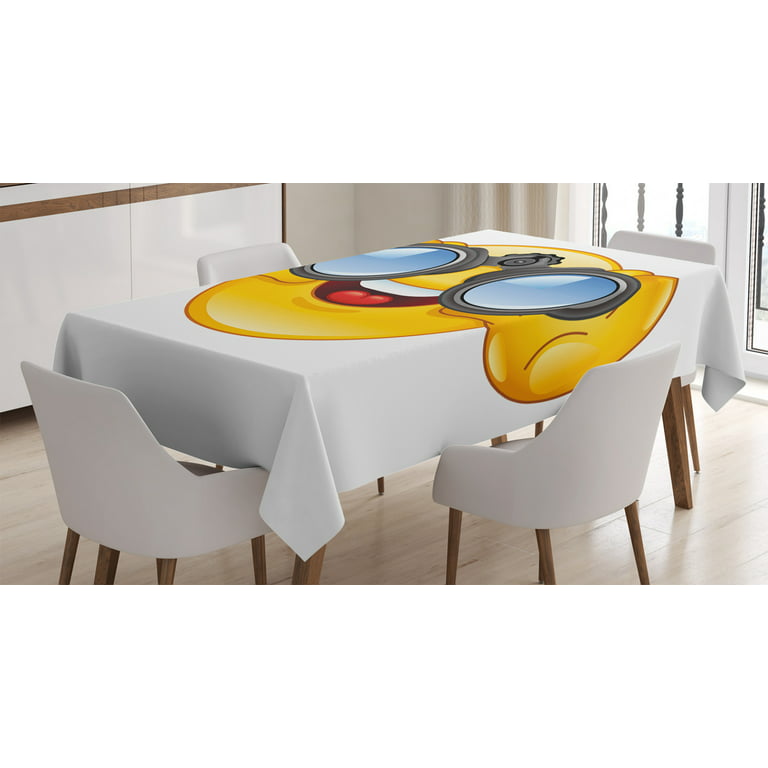 Emoji tablecloth smiley face with a telescope binoculars glasses watching outside cartoon print rectangular table cover for dining room kitchen x inches yellow and blue by ambesonne