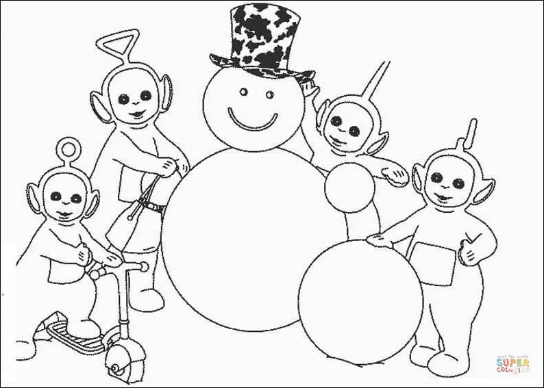 Snowman and teletubbies coloring page free printable coloring pages