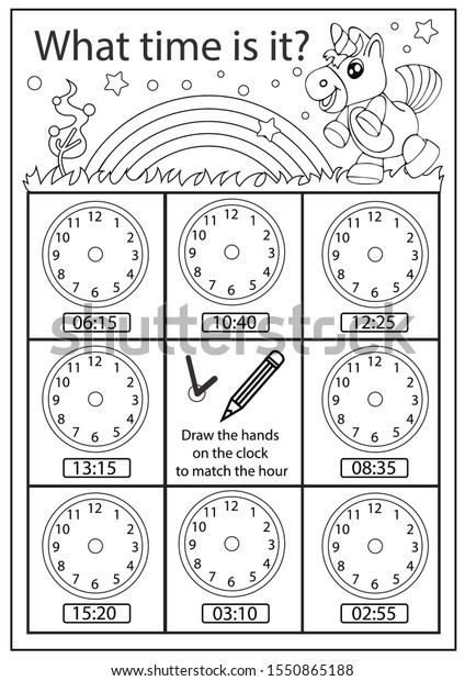 Coloring worksheet children clock kids learning stock vector royalty free