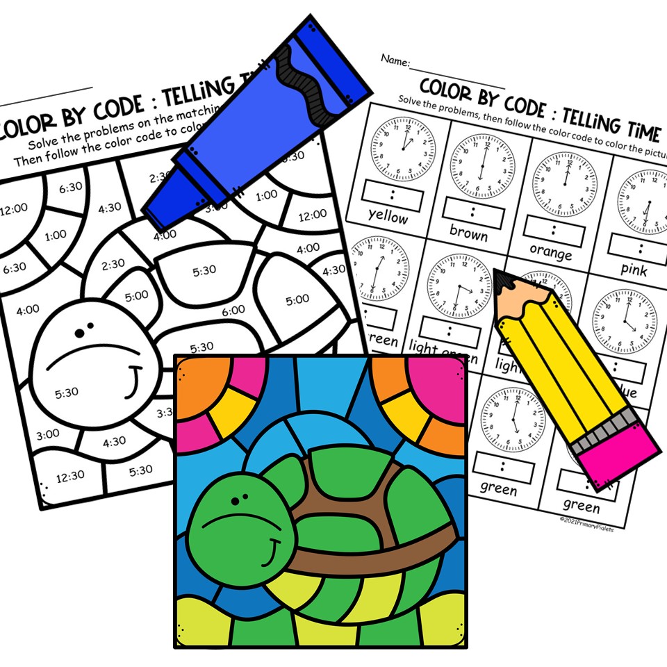 Telling time to the hour and half hour color by number